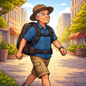 Senior traveler wearing structured camera backpack