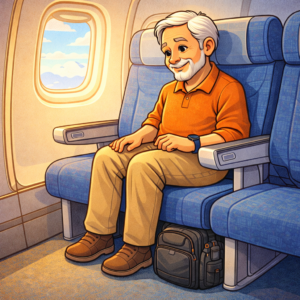 Senior traveler with a camera backpack