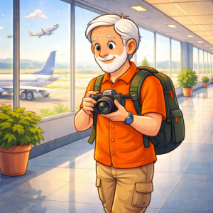 Senior traveling with compact travel camera