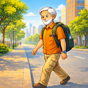 Senior walking comfortably with lightweight backpack