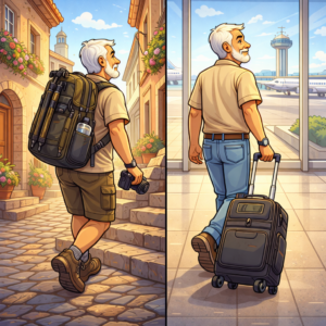 Side-by-side comparison of a backpack camera bag and a rolling camera bag