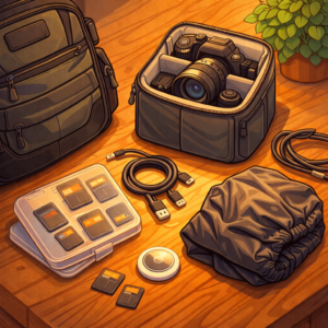 Travel accessories arranged next to a camera bag