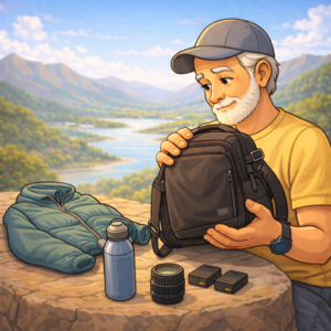 Travel photographer evaluating camera bag priorities for travel photography