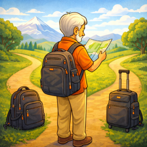 Traveler choosing between different types of camera bags