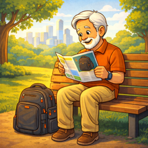 Traveler reading information about camera backpacks in a park