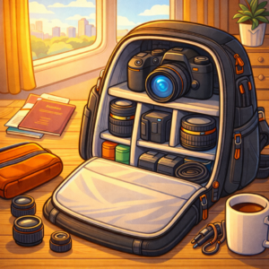 Well-organized camera backpack packed for minimalist travel