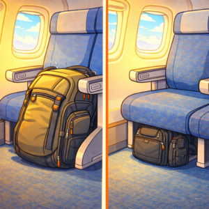 bulky backpack versus compact under-seat camera backpack