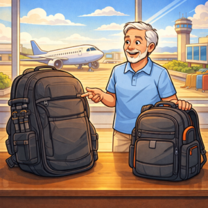 traveler choosing a correctly sized airline travel camera backpack