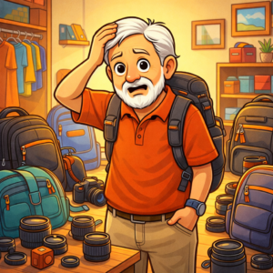 traveler surrounded by many camera backpacks and lenses